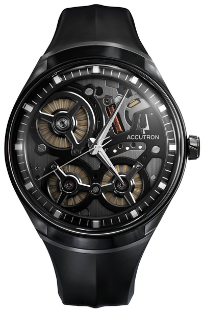 Black steel wristwatch with movement revealing dial on black rubber