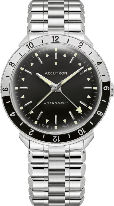 Steel wristwatch on black dial and steel bracelet