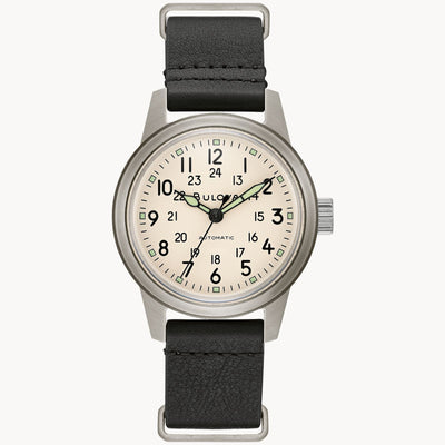 Steel Wristwatch on white dial and black leather band