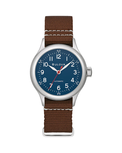 Steel Case Wristwatch on Blue dial and brown nylon strap