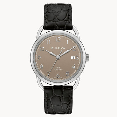 Steel wristwatch on brown dial and black leather band