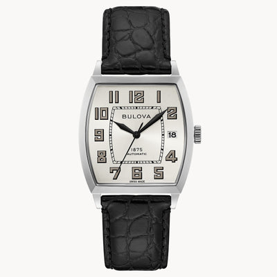 Steel wristwatch on white dial and black band