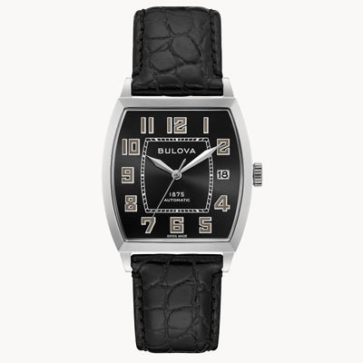 steel wristwatch on black dial and black leather band