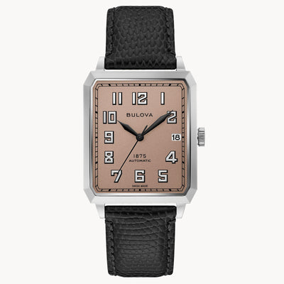 steel wristwatch with pink dial and black leather band