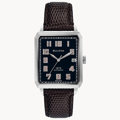 steel wristwatch with black dial and black leather band