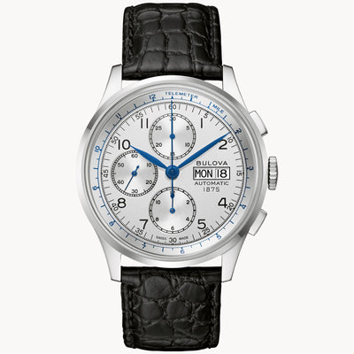 stainless steel case is matched with a silver white dial and a supple black leather strap.