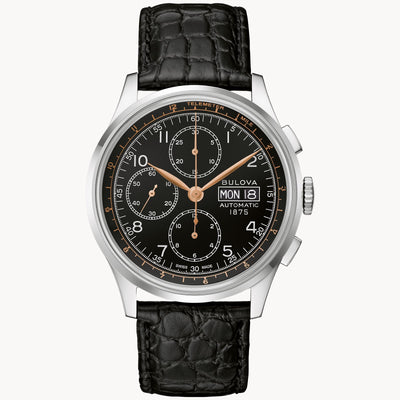 Steel wristwatch on black dial with sub dials and black leather band