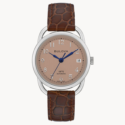 pink dial steel wristwatch with brown leather band