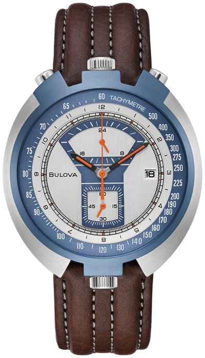 Steel wristwatch with silver and blue chrono dial on brown band