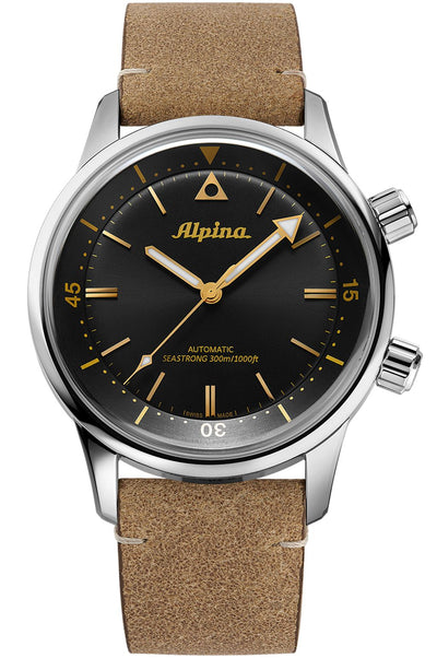 steel wristwatch on black dial and brown band