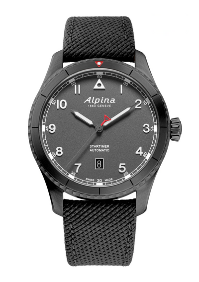 black steel wristwatch on black dial and strap