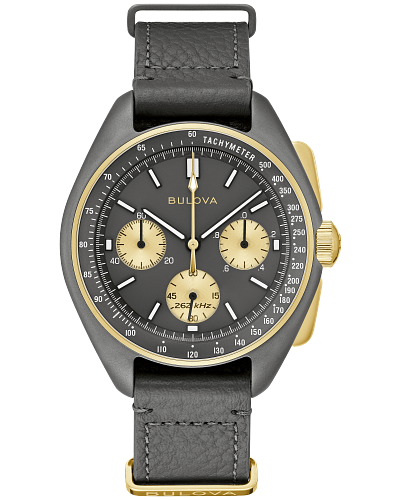 Black case chronograph watch on gray and gold band