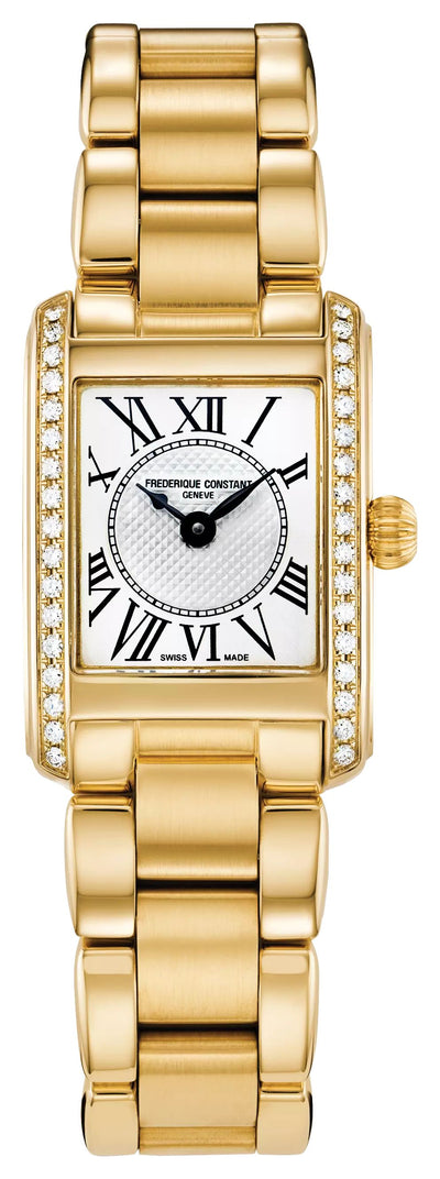 Gold Tone ladies watch  with SILVER-COLORED DIAL, GUILLOCHÉ , PRINTED ROMAN NUMERALS. HAND-POLISHED BLACK HANDS. and diamond bezel 