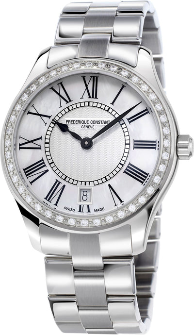 Ladies Steel watch Diamond Bezel  with WHITE MOTHER-OF-PEARL DIAL GUILLOCHÉ DECORATION AND PRINTED BLACK ROMAN NUMERALS.