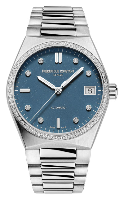 steel ladies wristwatch on sky-blue dial with giltters 