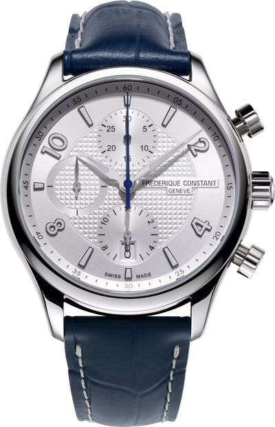 Mens Steel chronograph watch SILVER COLOR DIAL WITH SILVER APPLIED INDEXES on blue leather 