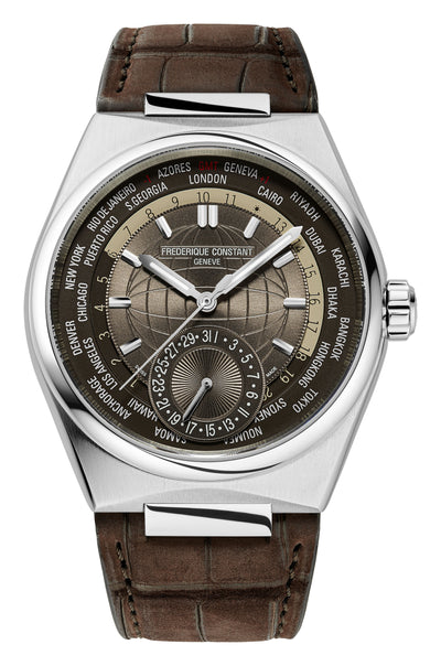 steel wristwatch on brown dial and brown band