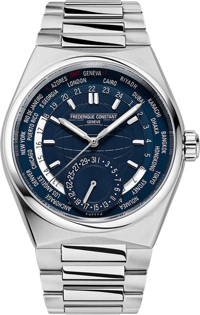 Steel wrist watch on Blue dial, globe decoration and silver color applied indexes on steel bracelet 