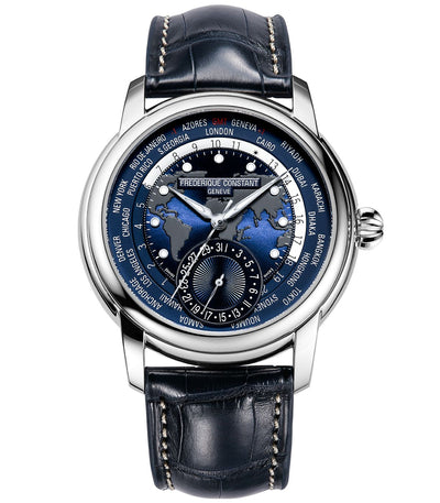 Steel watch on Blue Leather on World map engraved Blue Dial