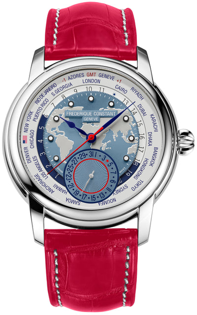 steel wristwatch on world map dial and red band