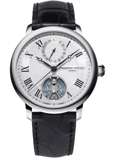 steel wrist watch on silver dial and black leather band