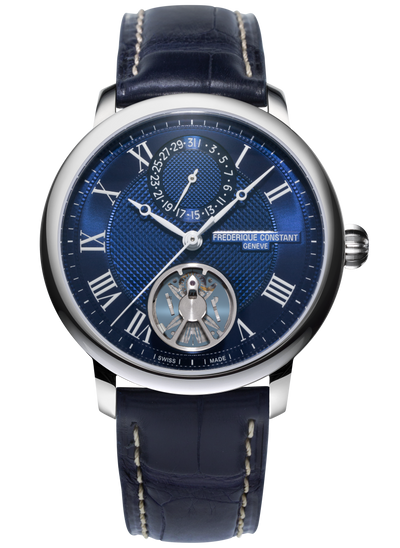 steel wrist watch on blue dial and blue leather band