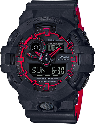 wrist watch black and red band black case and black and red dial