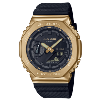 Gold Tone wristwatch with digital display on black rubber band