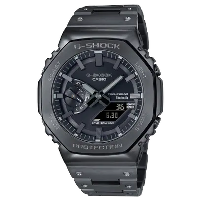 all black steel wristwatch with analogue and digital display
