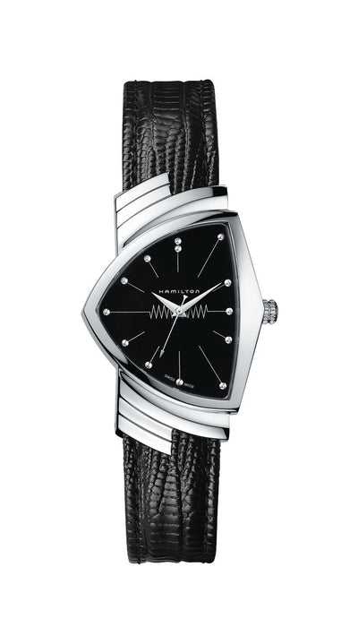 Steel wristwatch triangle shaped on black dial and black leather band 