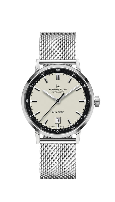 Steel wrist watch on white dial with steel bracelet