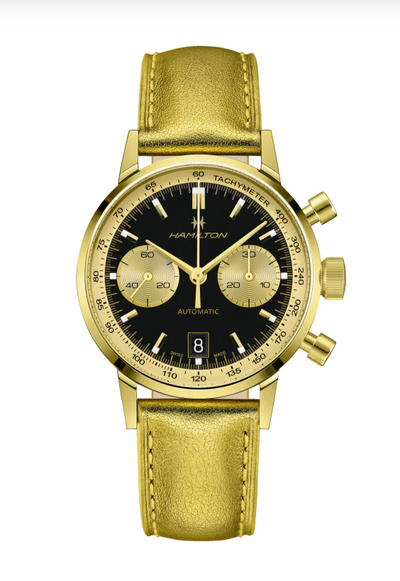 Gold Tone wristwatch with black and gold subdials and gold tone leather band