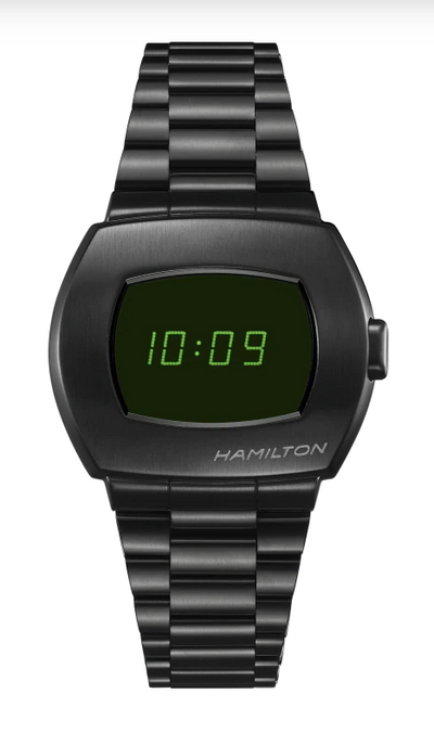 Black steel wrist watch with green digital display