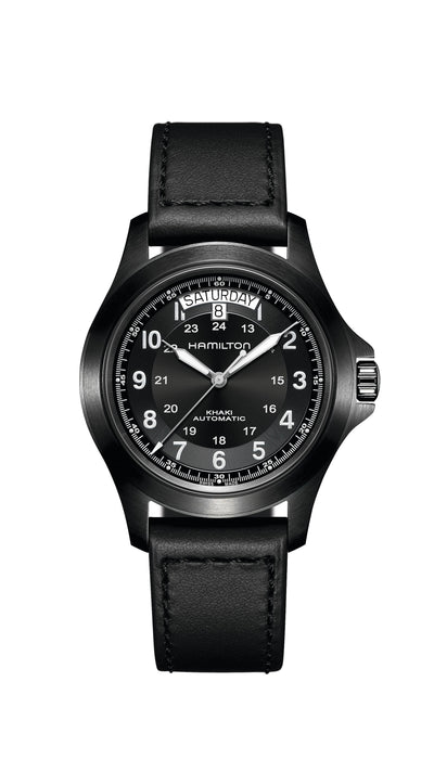 wrist watch black dial black steel case and black leather band