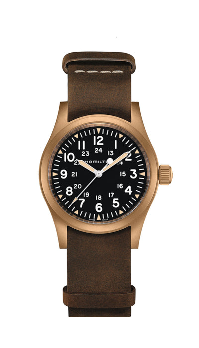 Bronze wrist watch with black dial on brown leather band