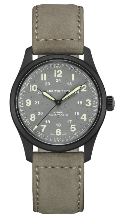 Black titanium case wristwatch on grey dial and grey band