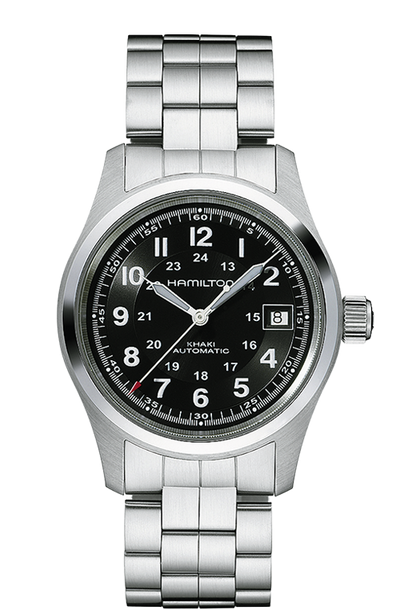 Steel wrist watch with black dial and steel bracelet