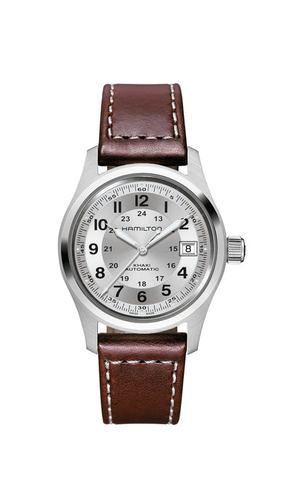 Steel wrist watch on silver dial and brown leather band