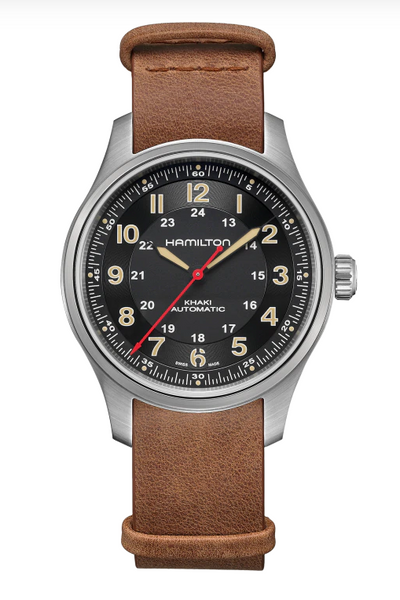 titanium wrist watch on gray dial on brown leather band