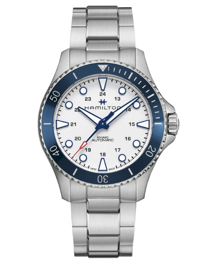 Steel wristwatch on silver dial blue bezel and steel bracelet