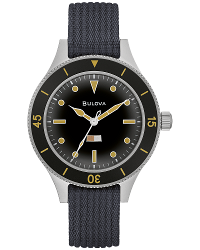 Steel wrist watch on black dial and black nylon strap