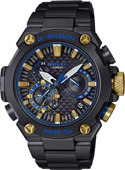 black titanium Wrist watch on black dial and blue hues on black titanium bracelet