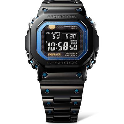 Black titanium digital wristwatch with blue hues