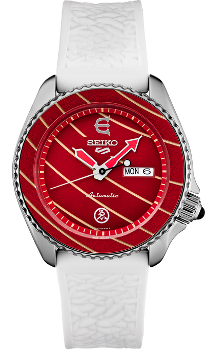 steel wrist watch on red dial and white rubber band
