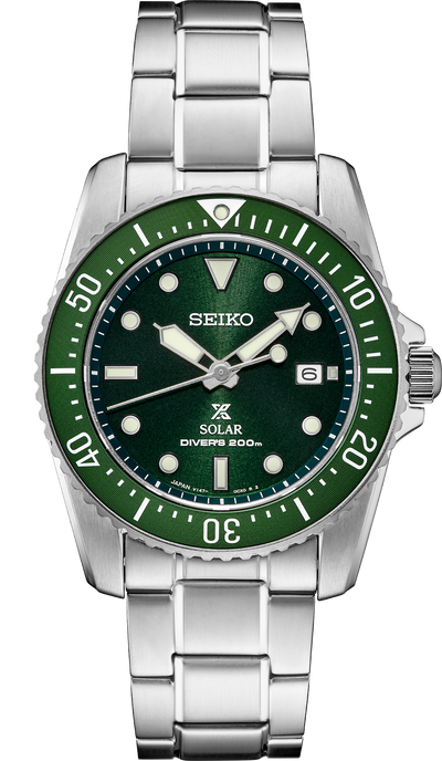 Steel wristwatch on green dial and steel bracelet