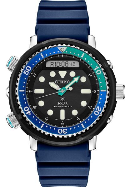 blue and green plastic wristwatch with hybrid display