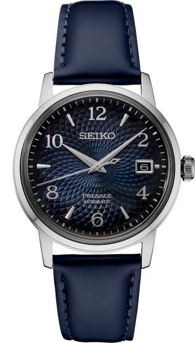 Steel wrsit watch on blue dial and blue leather band