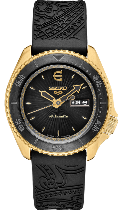 wrist watch gold case on black dial and black band