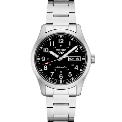 Steel wrist watch on black dial and steel bracelt band