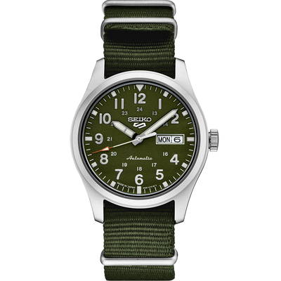 Steel wrist watch on Green dial and Green nylon nato band